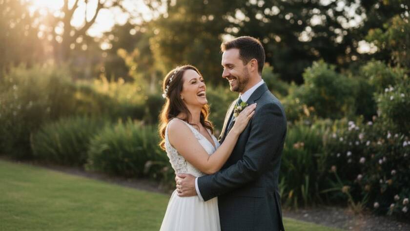 An emotionally resonant, candid wedding photograph capturing a couple sharing a tender, laughing moment against the backdrop of a charming, leafy Bentleigh East park at sunset, showcasing candid wedding photography Bentleigh East Victoria with warm, golden hour lighting and bokeh.