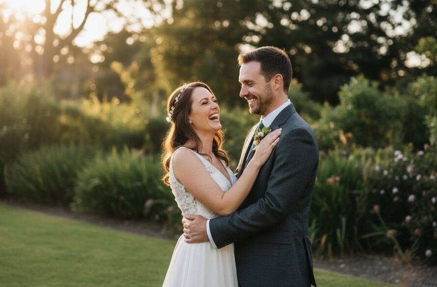 An emotionally resonant, candid wedding photograph capturing a couple sharing a tender, laughing moment against the backdrop of a charming, leafy Bentleigh East park at sunset, showcasing candid wedding photography Bentleigh East Victoria with warm, golden hour lighting and bokeh.