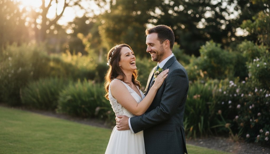 An emotionally resonant, candid wedding photograph capturing a couple sharing a tender, laughing moment against the backdrop of a charming, leafy Bentleigh East park at sunset, showcasing candid wedding photography Bentleigh East Victoria with warm, golden hour lighting and bokeh.