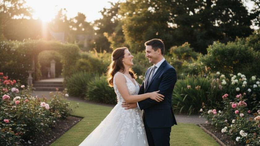 A breathtaking wide-angle shot captured with authentic candid wedding photography Camberwell Gardens style, showing a newly married couple laughing genuinely amidst lush, sun-dappled greenery in a beautiful Camberwell park, their joy radiating, as golden hour light filters through the trees.