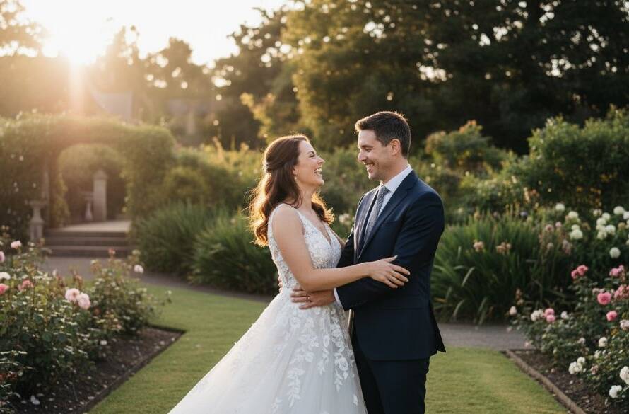A breathtaking wide-angle shot captured with authentic candid wedding photography Camberwell Gardens style, showing a newly married couple laughing genuinely amidst lush, sun-dappled greenery in a beautiful Camberwell park, their joy radiating, as golden hour light filters through the trees.