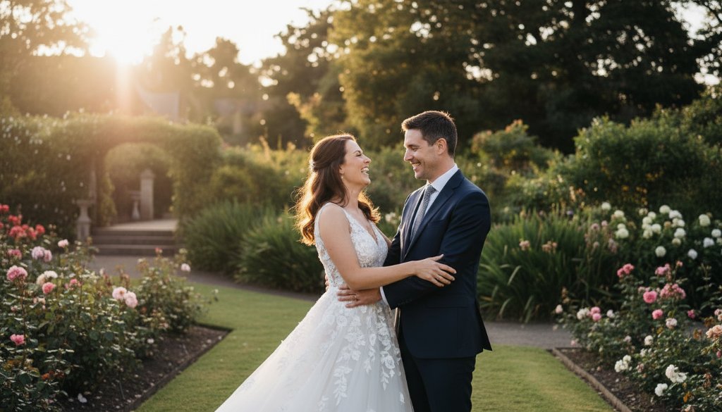 A breathtaking wide-angle shot captured with authentic candid wedding photography Camberwell Gardens style, showing a newly married couple laughing genuinely amidst lush, sun-dappled greenery in a beautiful Camberwell park, their joy radiating, as golden hour light filters through the trees.