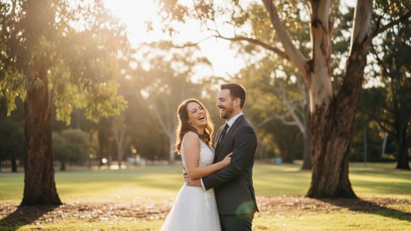 A newlywed couple sharing a joyful, candid kiss under a golden sunset in a scenic park in Croydon South Victoria, showcasing the magic of their Candid Wedding Photography Croydon South Victoria.