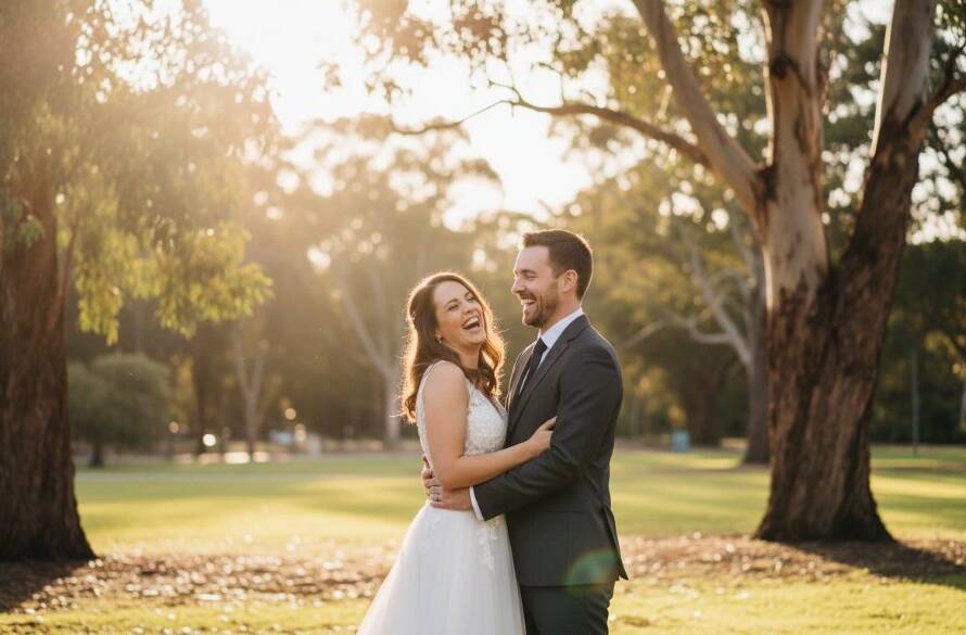 A newlywed couple sharing a joyful, candid kiss under a golden sunset in a scenic park in Croydon South Victoria, showcasing the magic of their Candid Wedding Photography Croydon South Victoria.