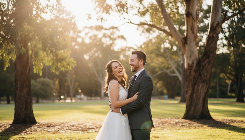 A newlywed couple sharing a joyful, candid kiss under a golden sunset in a scenic park in Croydon South Victoria, showcasing the magic of their Candid Wedding Photography Croydon South Victoria.