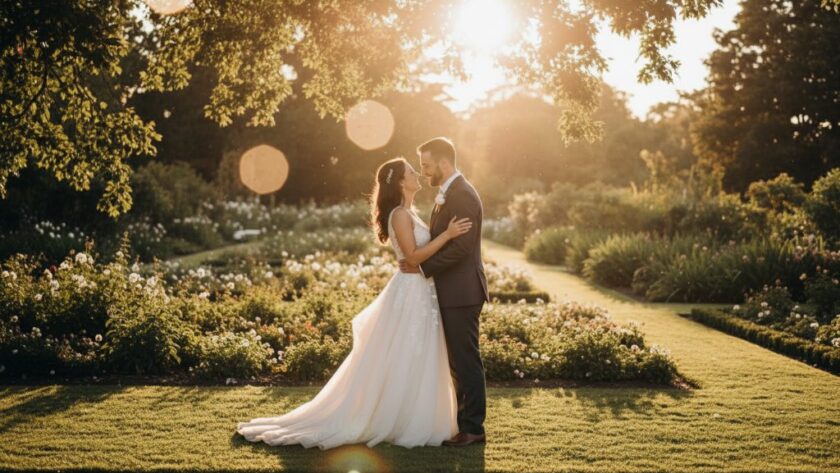 A newly married couple sharing a tender, candid moment in the golden hour light of Lucas Victoria Gardens, perfectly captured by candid wedding photography Lucas Victoria Gardens, showcasing their joy.