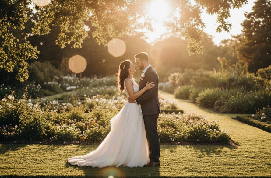 A newly married couple sharing a tender, candid moment in the golden hour light of Lucas Victoria Gardens, perfectly captured by candid wedding photography Lucas Victoria Gardens, showcasing their joy.