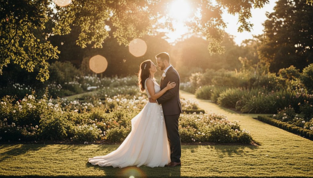 A newly married couple sharing a tender, candid moment in the golden hour light of Lucas Victoria Gardens, perfectly captured by candid wedding photography Lucas Victoria Gardens, showcasing their joy.
