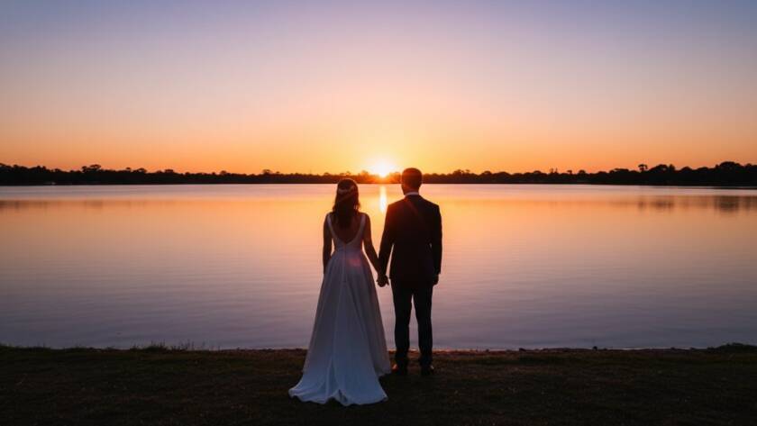 A newly married couple sharing a candid, joyful embrace with Lake Esmond in Melton South, Victoria, Australia, at sunset, capturing the essence of candid wedding photography Melton South Lake Esmond.