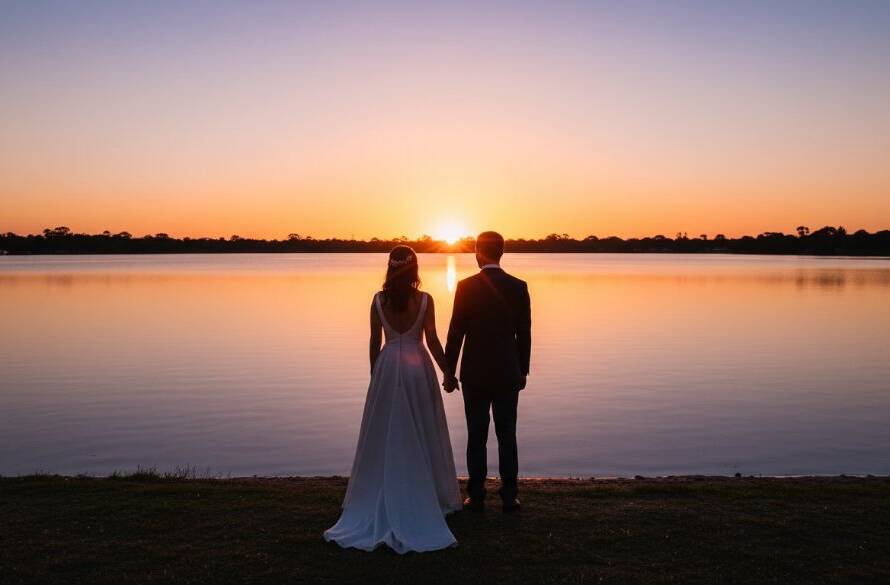 A newly married couple sharing a candid, joyful embrace with Lake Esmond in Melton South, Victoria, Australia, at sunset, capturing the essence of candid wedding photography Melton South Lake Esmond.