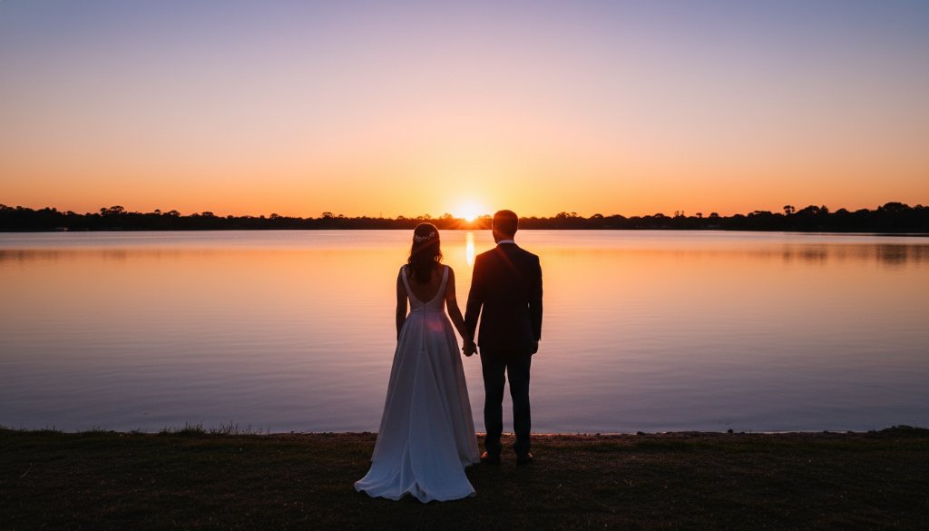 A newly married couple sharing a candid, joyful embrace with Lake Esmond in Melton South, Victoria, Australia, at sunset, capturing the essence of candid wedding photography Melton South Lake Esmond.