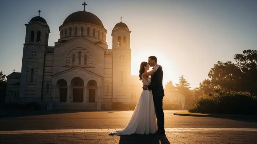 A breathtaking wide shot capturing a newly married couple's candid moment walking hand-in-hand through the golden hour light outside the iconic Oakleigh Greek Orthodox Church, evoking the joyous essence of candid wedding photography Oakleigh Greek Orthodox Church.
