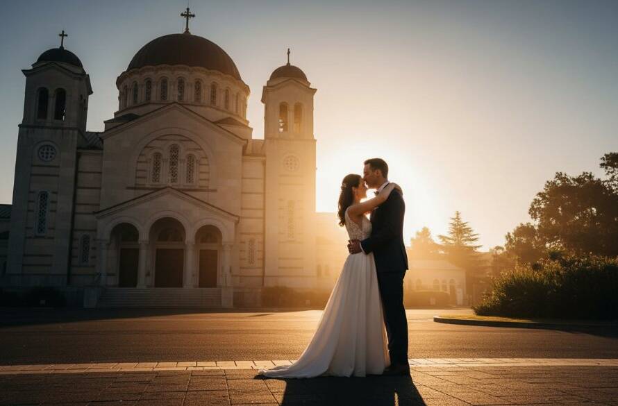 A breathtaking wide shot capturing a newly married couple's candid moment walking hand-in-hand through the golden hour light outside the iconic Oakleigh Greek Orthodox Church, evoking the joyous essence of candid wedding photography Oakleigh Greek Orthodox Church.