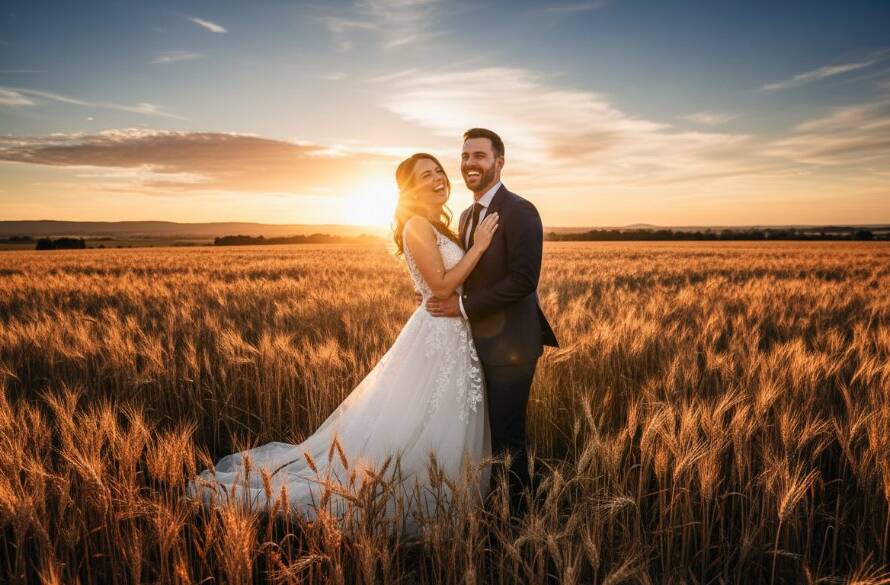 An intimate, cinematic shot showcasing candid wedding photography Officer Victoria capturing genuine joy, with a bride and groom embracing softly at sunset amidst Officer's rolling hills, dramatic golden light, and a picturesque vineyard backdrop.