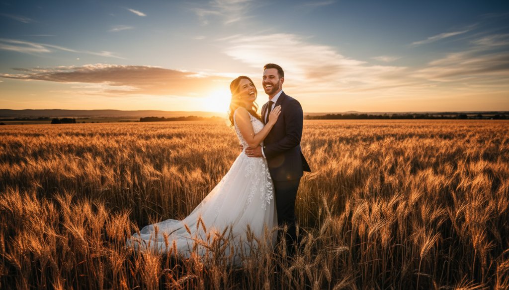 An intimate, cinematic shot showcasing candid wedding photography Officer Victoria capturing genuine joy, with a bride and groom embracing softly at sunset amidst Officer's rolling hills, dramatic golden light, and a picturesque vineyard backdrop.