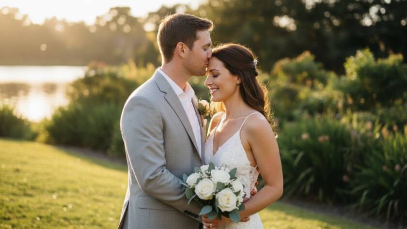 A breathtaking wide shot capturing a newly married couple sharing a genuine, candid laugh during their outdoor reception in a beautifully lit Ringwood garden, with dramatic evening light filtering through trees, epitomizing candid wedding photography Ringwood Victoria.