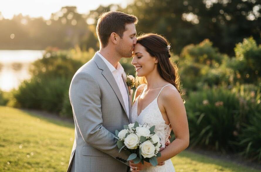 A breathtaking wide shot capturing a newly married couple sharing a genuine, candid laugh during their outdoor reception in a beautifully lit Ringwood garden, with dramatic evening light filtering through trees, epitomizing candid wedding photography Ringwood Victoria.