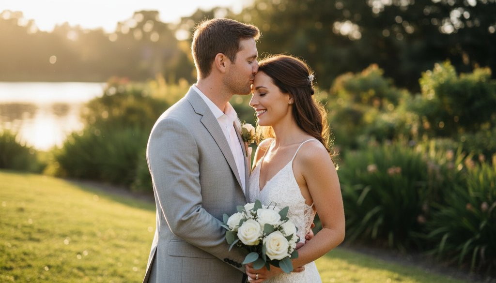 A breathtaking wide shot capturing a newly married couple sharing a genuine, candid laugh during their outdoor reception in a beautifully lit Ringwood garden, with dramatic evening light filtering through trees, epitomizing candid wedding photography Ringwood Victoria.