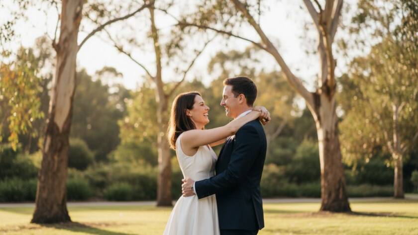 An epic, candid moment captured by Image by SD, showcasing a newly married couple embracing joyfully under the soft, golden light in a beautiful Springvale South park, emphasizing genuine emotion during their wedding photography session.