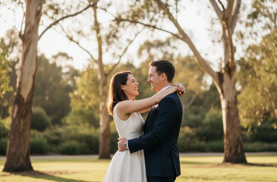 An epic, candid moment captured by Image by SD, showcasing a newly married couple embracing joyfully under the soft, golden light in a beautiful Springvale South park, emphasizing genuine emotion during their wedding photography session.