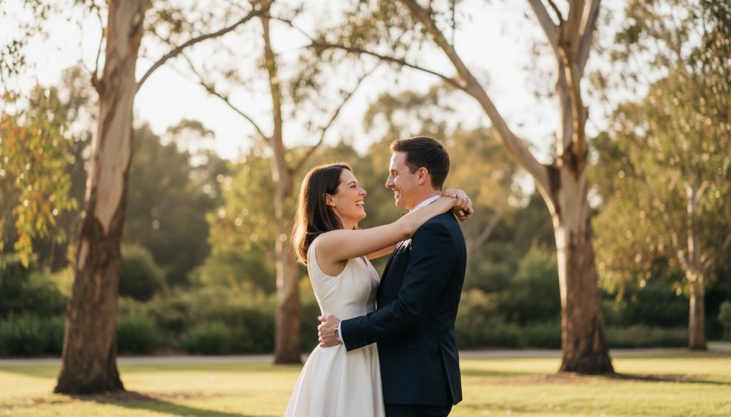 An epic, candid moment captured by Image by SD, showcasing a newly married couple embracing joyfully under the soft, golden light in a beautiful Springvale South park, emphasizing genuine emotion during their wedding photography session.