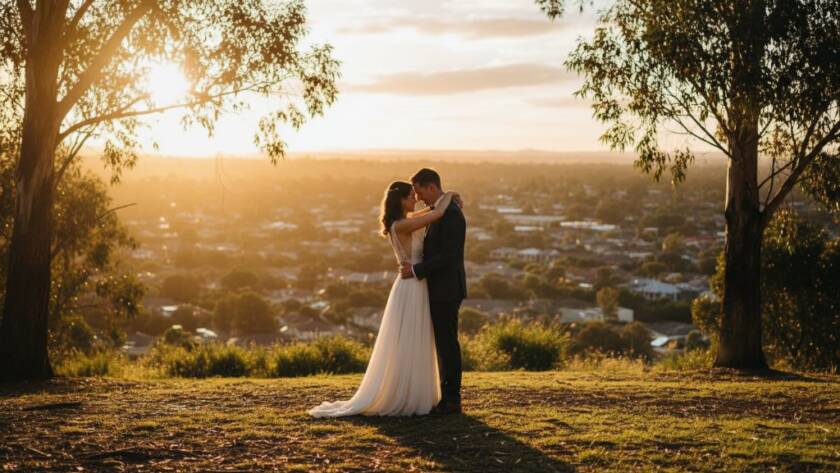 A newlywed couple shares a tender kiss under the golden hour sun at a beautiful outdoor venue in Bayswater North, Victoria, their genuine joy captured in candid wedding photos, with soft bokeh background and warm cinematic tones.