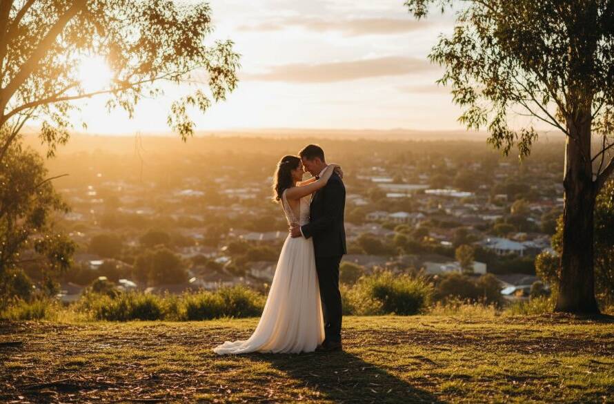A newlywed couple shares a tender kiss under the golden hour sun at a beautiful outdoor venue in Bayswater North, Victoria, their genuine joy captured in candid wedding photos, with soft bokeh background and warm cinematic tones.