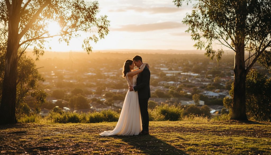 A newlywed couple shares a tender kiss under the golden hour sun at a beautiful outdoor venue in Bayswater North, Victoria, their genuine joy captured in candid wedding photos, with soft bokeh background and warm cinematic tones.