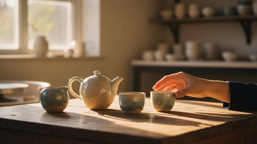 Dramatic close-up of a handcrafted ceramic vase, beautifully lit, showcasing intricate details and textures, representing Canterbury Victoria artisan product photography excellence, set against a blurred backdrop reminiscent of a boutique studio.