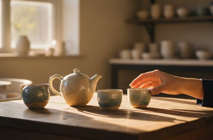 Dramatic close-up of a handcrafted ceramic vase, beautifully lit, showcasing intricate details and textures, representing Canterbury Victoria artisan product photography excellence, set against a blurred backdrop reminiscent of a boutique studio.