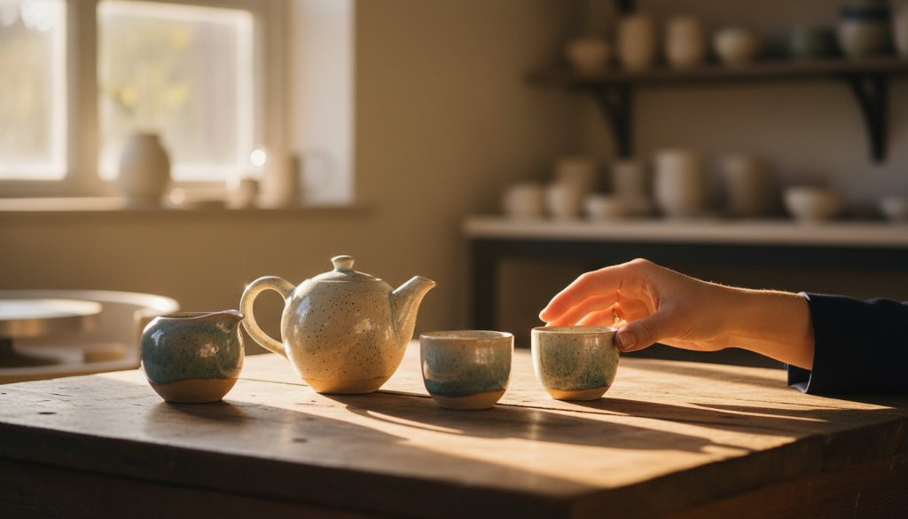 Dramatic close-up of a handcrafted ceramic vase, beautifully lit, showcasing intricate details and textures, representing Canterbury Victoria artisan product photography excellence, set against a blurred backdrop reminiscent of a boutique studio.