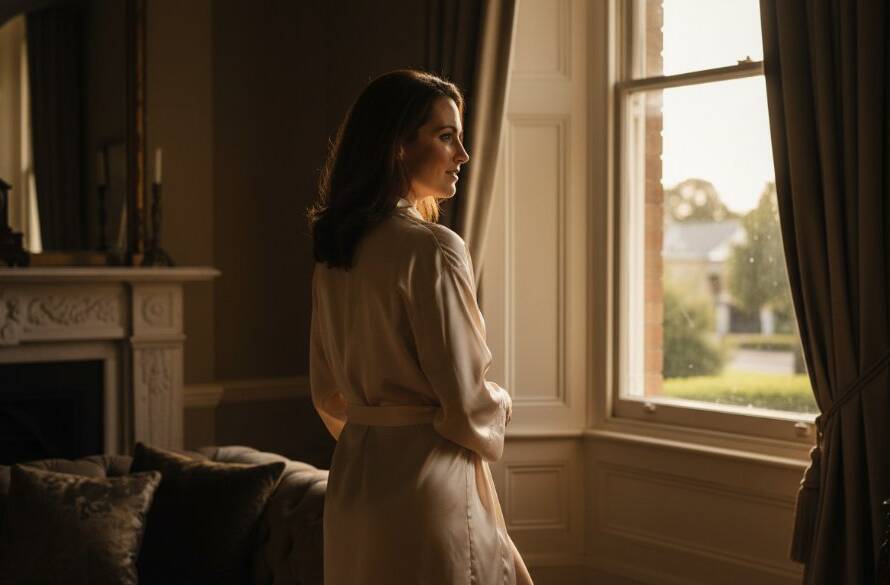 A stunning, professionally lit photograph showcasing a woman's confident and elegant pose in a classic Canterbury home, embodying the empowering spirit of Canterbury Victoria boudoir photography, with soft, dramatic natural light illuminating her silhouette and the luxurious textures around her.