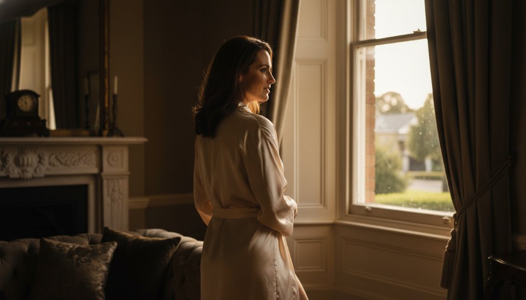 A stunning, professionally lit photograph showcasing a woman's confident and elegant pose in a classic Canterbury home, embodying the empowering spirit of Canterbury Victoria boudoir photography, with soft, dramatic natural light illuminating her silhouette and the luxurious textures around her.