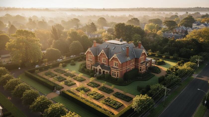 An exquisite drone shot capturing the intricate Victorian architecture of a heritage home in Canterbury, Victoria, against a soft morning light, showcasing expert Canterbury Victoria drone photography for heritage homes with lush gardens and tree-lined streets.