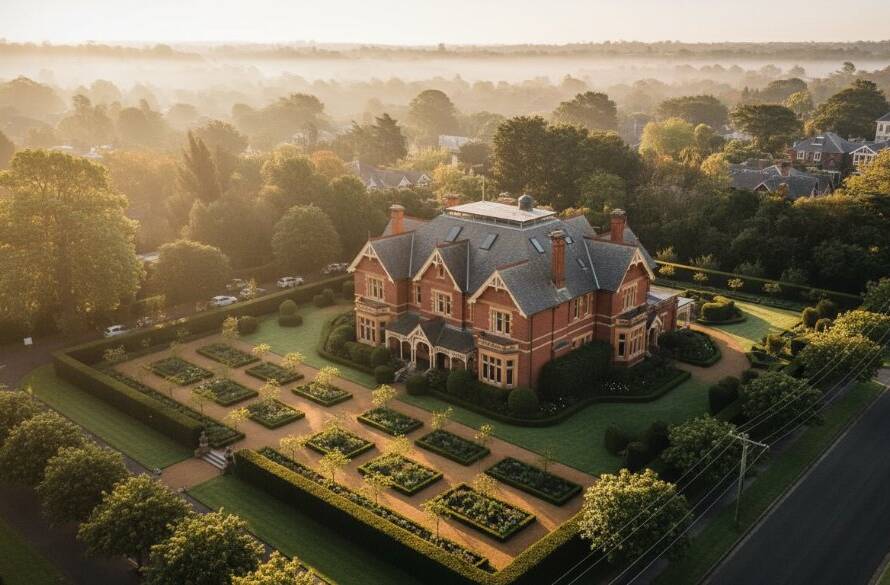 An exquisite drone shot capturing the intricate Victorian architecture of a heritage home in Canterbury, Victoria, against a soft morning light, showcasing expert Canterbury Victoria drone photography for heritage homes with lush gardens and tree-lined streets.
