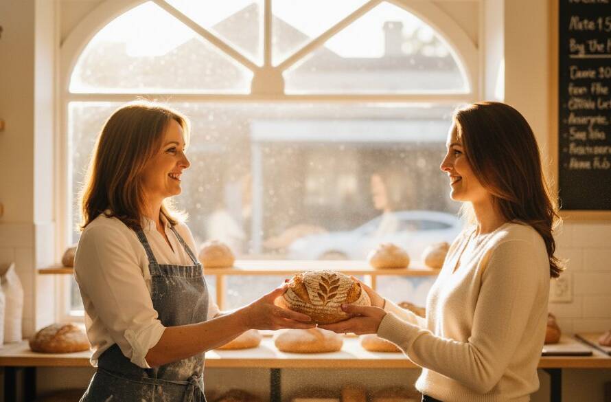 An epic editorial photograph showcasing a vibrant local patisserie in Canterbury, Victoria. A skilled baker proudly presents a freshly decorated cake, with warm, inviting light illuminating the scene and customers enjoying treats in the background, encapsulating the spirit of Canterbury Victoria editorial photography for local brands. Professional, colour-graded image.