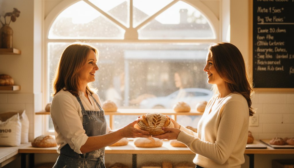 An epic editorial photograph showcasing a vibrant local patisserie in Canterbury, Victoria. A skilled baker proudly presents a freshly decorated cake, with warm, inviting light illuminating the scene and customers enjoying treats in the background, encapsulating the spirit of Canterbury Victoria editorial photography for local brands. Professional, colour-graded image.