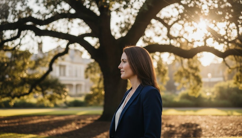 An ethereal fine art portrait session in Canterbury Victoria, featuring a subject bathed in soft, golden hour light amidst heritage architecture, embodying Canterbury Victoria fine art photography for timeless portraits.