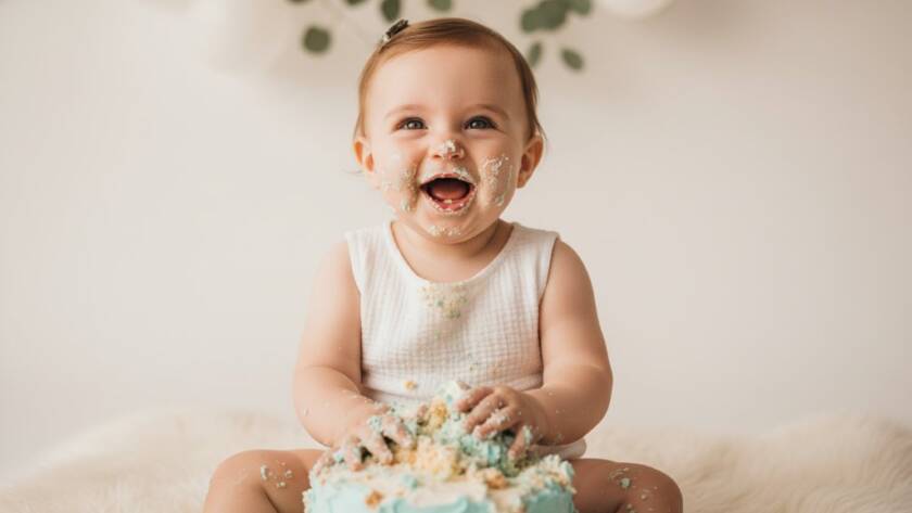 An adorable one-year-old child covered in cake, laughing joyfully amidst a playful setup with pastel balloons and soft natural light, captured during a Canterbury Victoria first birthday cake smash photography session, showcasing a truly epic moment of pure delight and messy fun.