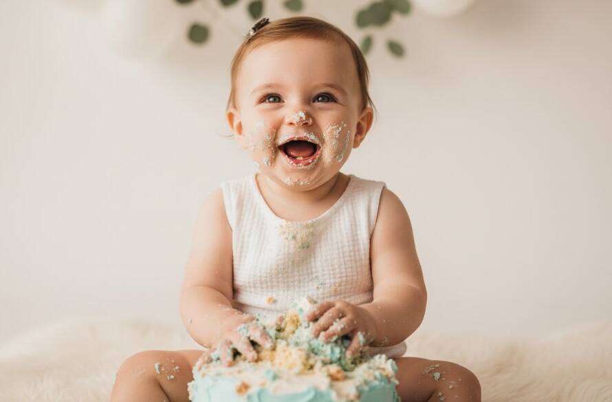 An adorable one-year-old child covered in cake, laughing joyfully amidst a playful setup with pastel balloons and soft natural light, captured during a Canterbury Victoria first birthday cake smash photography session, showcasing a truly epic moment of pure delight and messy fun.