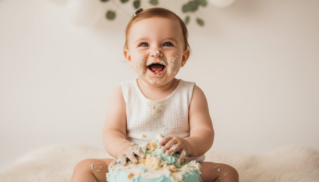 An adorable one-year-old child covered in cake, laughing joyfully amidst a playful setup with pastel balloons and soft natural light, captured during a Canterbury Victoria first birthday cake smash photography session, showcasing a truly epic moment of pure delight and messy fun.