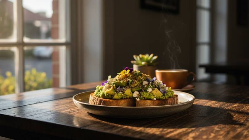 An epic moment captured: dramatic, professional Canterbury Victoria food photography elevates a cafe menu item, showcasing a perfectly plated artisanal brunch dish on a rustic wooden table in a sun-drenched Canterbury cafe, steam rising delicately, with soft bokeh background and warm, inviting tones.