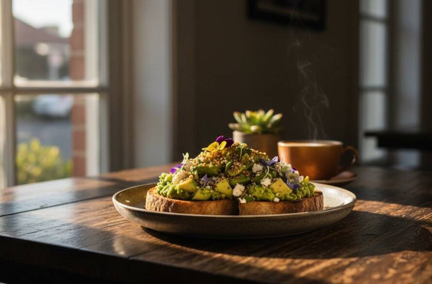 An epic moment captured: dramatic, professional Canterbury Victoria food photography elevates a cafe menu item, showcasing a perfectly plated artisanal brunch dish on a rustic wooden table in a sun-drenched Canterbury cafe, steam rising delicately, with soft bokeh background and warm, inviting tones.