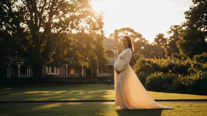 An 'epic moment' style professional photograph of a pregnant woman glowing during a Canterbury Victoria glowing maternity photoshoot, standing gracefully amidst soft, golden light filtering through heritage architecture, capturing her serene beauty and the anticipation of motherhood.