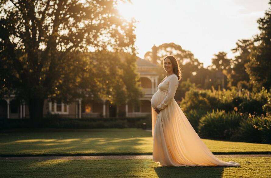 An 'epic moment' style professional photograph of a pregnant woman glowing during a Canterbury Victoria glowing maternity photoshoot, standing gracefully amidst soft, golden light filtering through heritage architecture, capturing her serene beauty and the anticipation of motherhood.