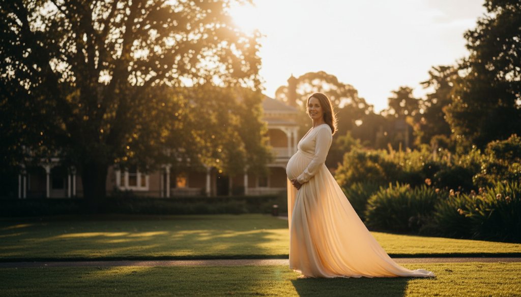An 'epic moment' style professional photograph of a pregnant woman glowing during a Canterbury Victoria glowing maternity photoshoot, standing gracefully amidst soft, golden light filtering through heritage architecture, capturing her serene beauty and the anticipation of motherhood.