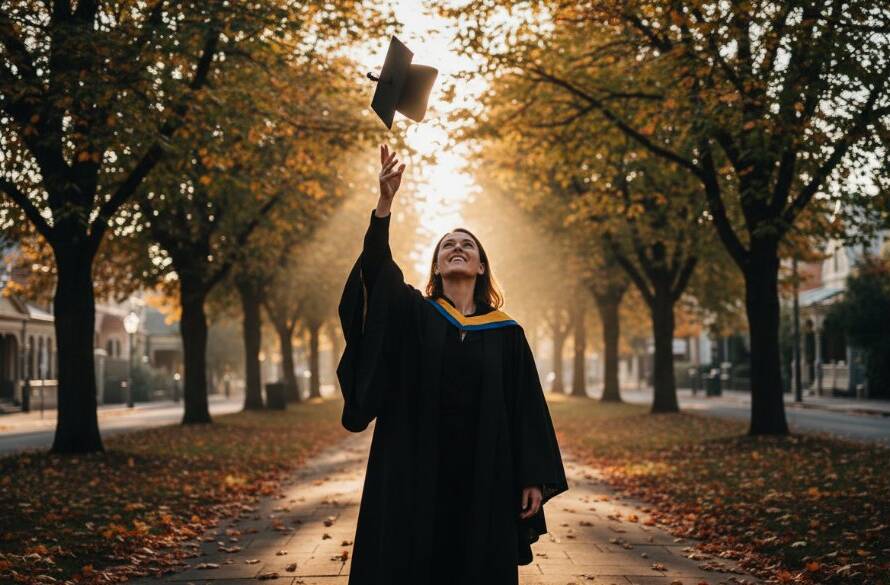 A proud university graduate in a cap and gown, beaming with joy and tossing their cap in the air, silhouetted against a golden hour sunset over leafy Canterbury, Victoria, during their Canterbury Victoria graduation portrait photography session, capturing an epic moment of triumph with dramatic lighting and professional colour grading.
