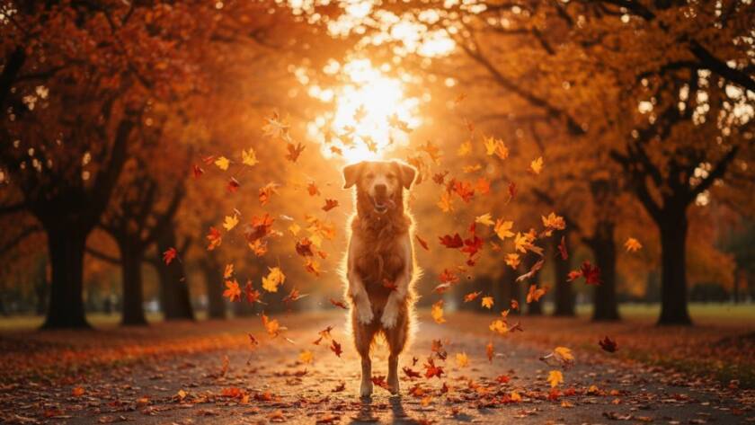 A golden retriever joyfully leaping through autumn leaves in a sun-dappled park in Canterbury, Victoria, showcasing Canterbury Victoria pet photography unforgettable moments with dramatic lighting and vibrant colours.