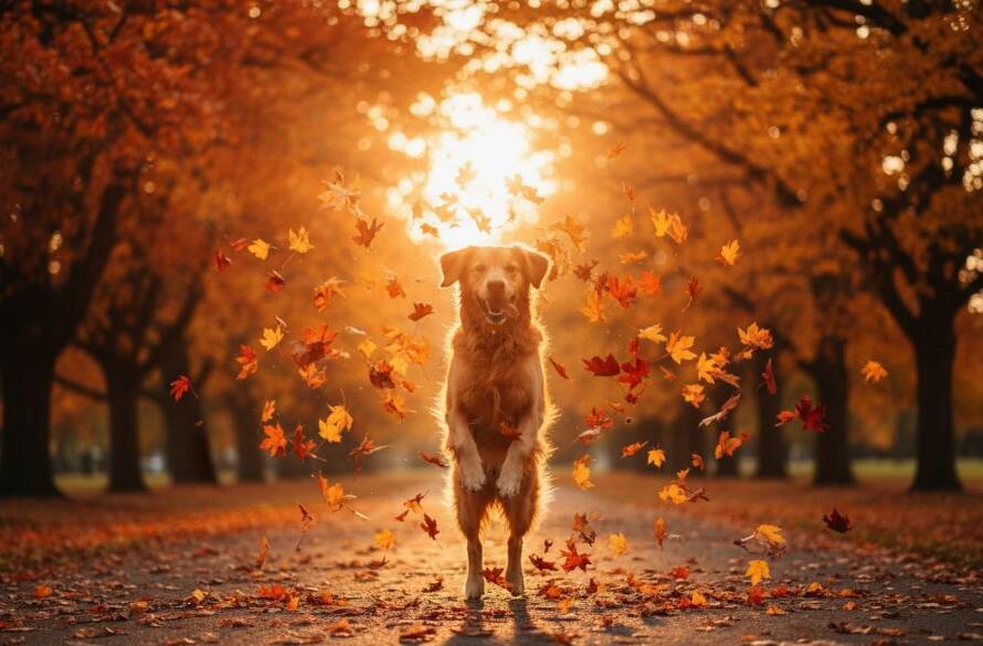 A golden retriever joyfully leaping through autumn leaves in a sun-dappled park in Canterbury, Victoria, showcasing Canterbury Victoria pet photography unforgettable moments with dramatic lighting and vibrant colours.