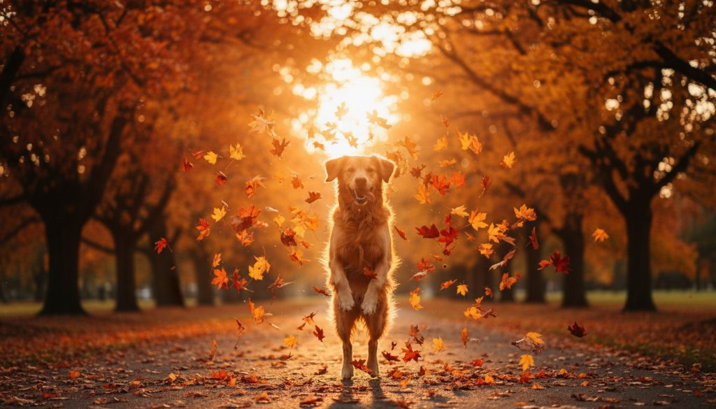 A golden retriever joyfully leaping through autumn leaves in a sun-dappled park in Canterbury, Victoria, showcasing Canterbury Victoria pet photography unforgettable moments with dramatic lighting and vibrant colours.